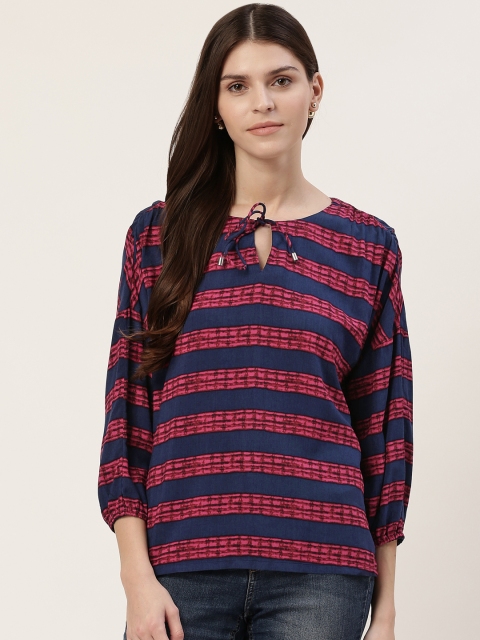 

DressBerry Women Navy Blue & Pink Striped Top