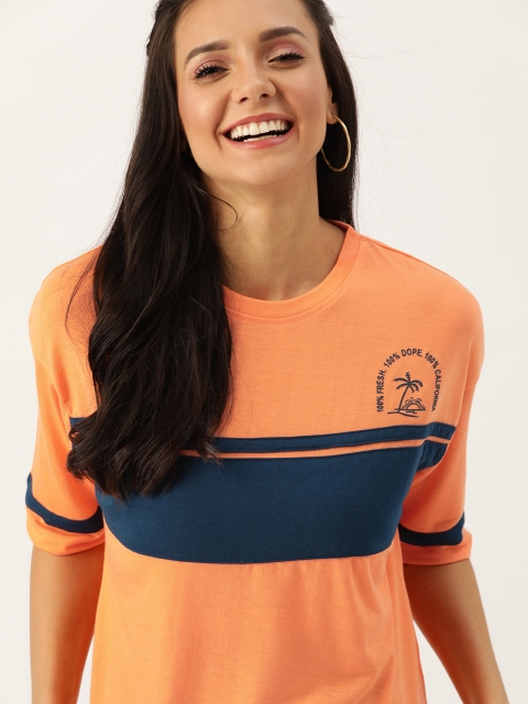 

DressBerry Women Orange & Navy Blue Colourblocked Round Neck T-shirt