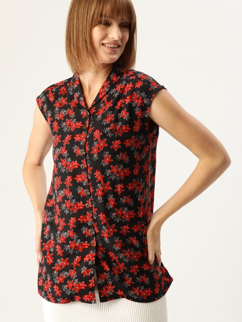 

DressBerry Women Black & Red Shawl Collar Floral Print Casual Sustainable ECOVERO Shirt