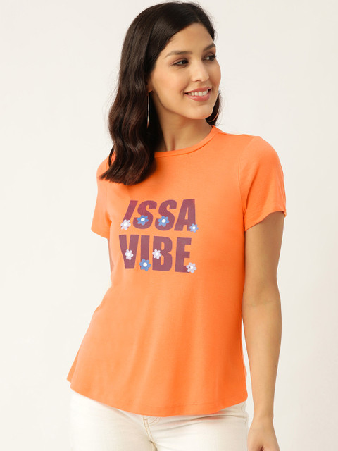 

DressBerry Women Orange Printed Round Neck T-shirt