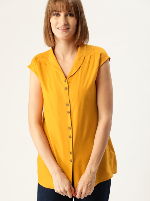 

DressBerry Women Mustard Yellow Shawl Collar Solid Casual Sustainable ECOVERO Shirt