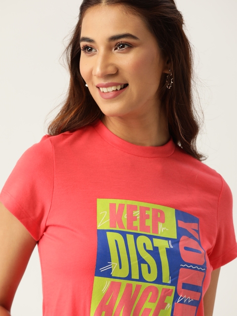 

DressBerry Women Coral Pink & Green Printed Round Neck T-shirt