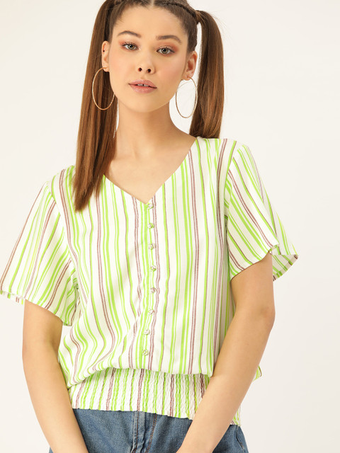 

DressBerry Women White & Green Candy Striped Blouson Top