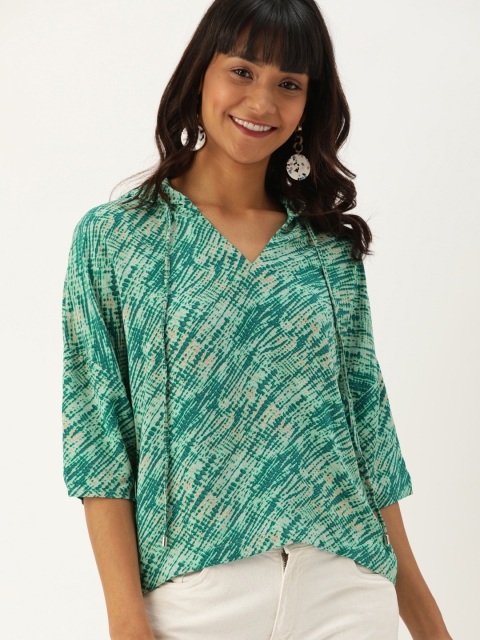 

DressBerry Sustainable ECOVERO Women Green & Beige Printed Hooded Top