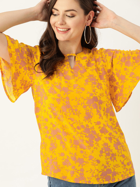 

DressBerry Sustainable ECOVERO Women Yellow & Peach-coloured Printed Top