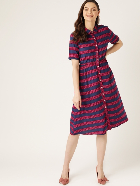 

DressBerry Women Navy Blue & Pink Striped Shirt Dress