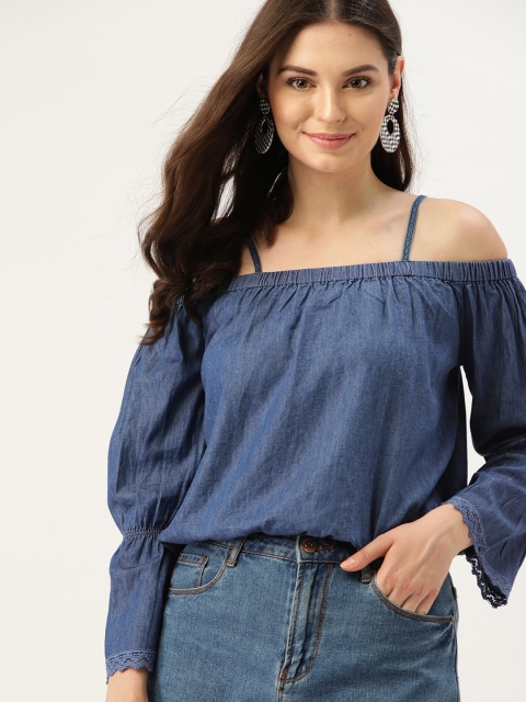 

DressBerry Women Navy Blue Solid Bardot Chambray Top