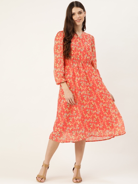 

DressBerry Women Coral Pink & Blue Floral Print A-Line Dress