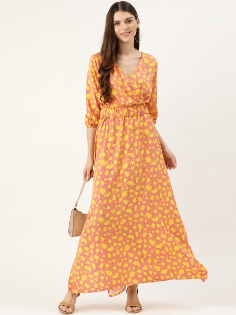 

DressBerry Women Peach-Coloured & Yellow Tulip Print Maxi Wrap Dress
