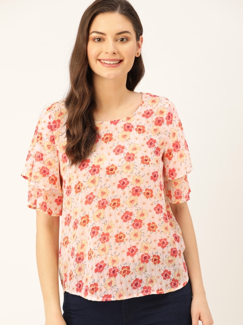 

DressBerry Women Off-White & Peach-Coloured Floral Printed Styled Back Top