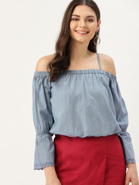 

DressBerry Women Blue Solid Bardot Chambray Top