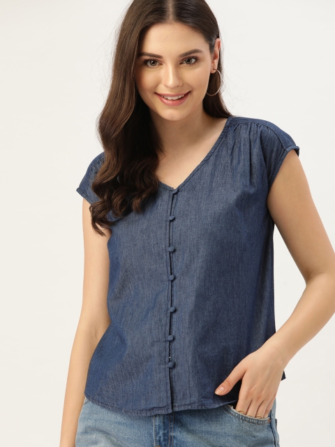 

DressBerry Women Navy Blue Solid Chambray Top
