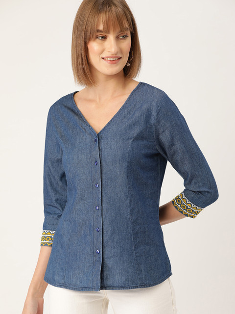 

DressBerry Women Navy Blue Solid Chambray Pure Cotton Top