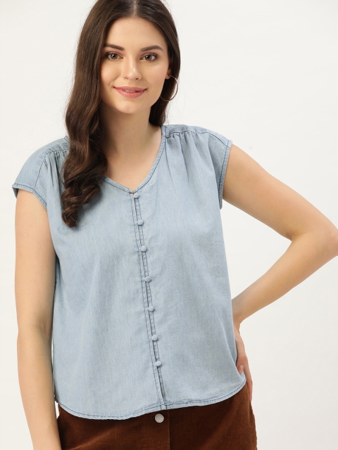 

DressBerry Women Blue Chambray Solid Top