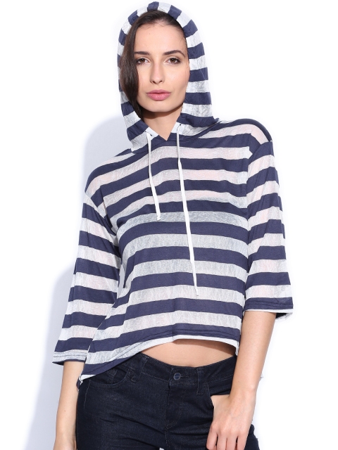 

AND Navy & White Striped Hooded Top, Navy blue