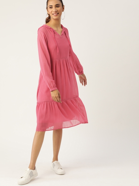 

DressBerry Women Pink Self-Striped Tiered Hooded A-Line Dress