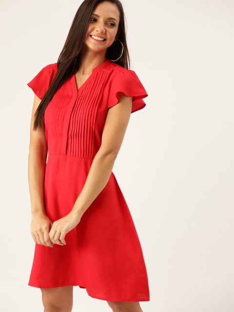 

DressBerry Women Red Pintucks Detail Solid A-Line Dress