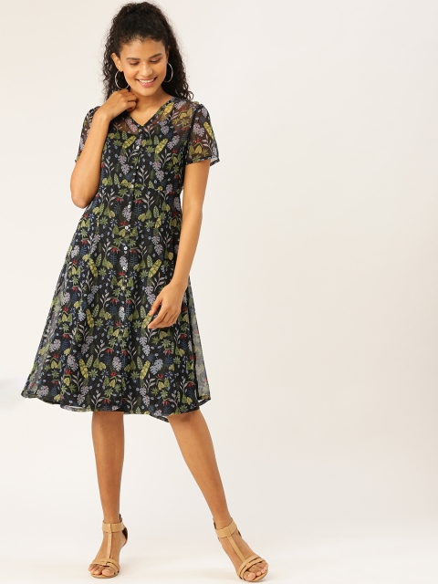 

DressBerry Women Black & Green Floral Print A-Line Dress