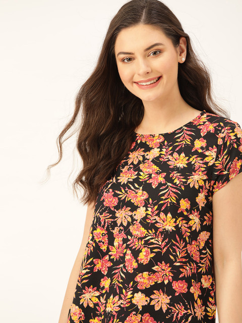 

DressBerry Women Black & Pink Floral Printed High-Low Top