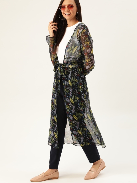 

DressBerry Women Black & Green Tropical Printed Sheer Open Front Longline Shrug