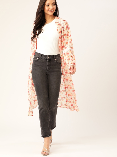 

DressBerry Women White & Peach-Coloured Floral Printed Open Front Shrug