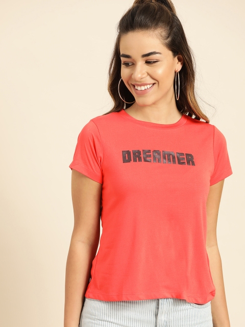 

DressBerry Women Coral Pink Solid Round Neck T-shirt