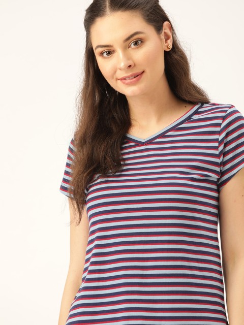 

DressBerry Women Blue & Red Striped V-Neck T-shirt