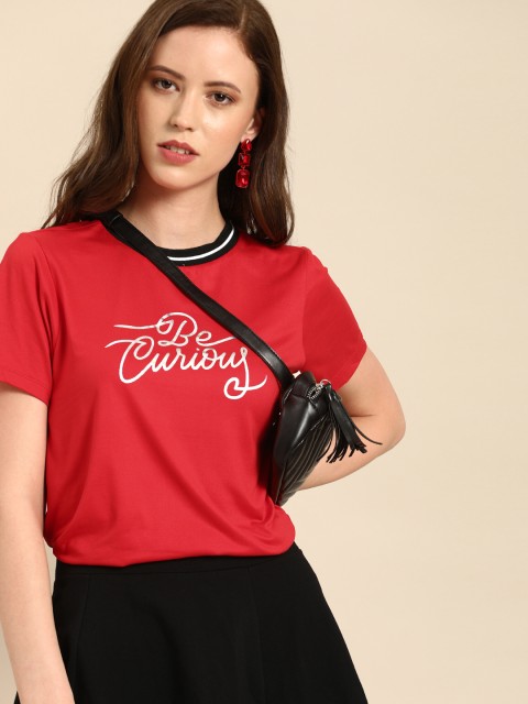 

DressBerry Women Red & Silver-Toned Printed Round Neck T-shirt