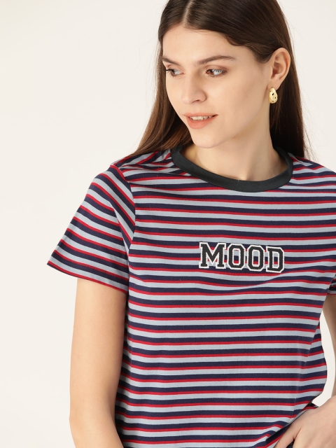 

DressBerry Women Blue Red Striped Round Neck Pure Cotton T-shirt
