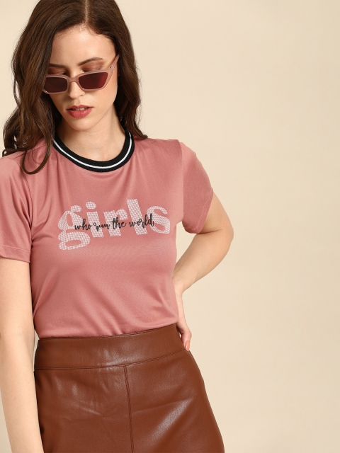 

DressBerry Women Pink & White Printed Round Neck T-shirt