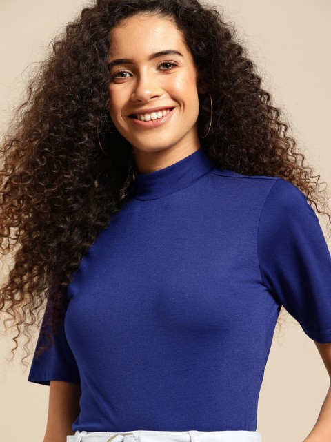 

DressBerry Women Blue Solid High Neck T-shirt