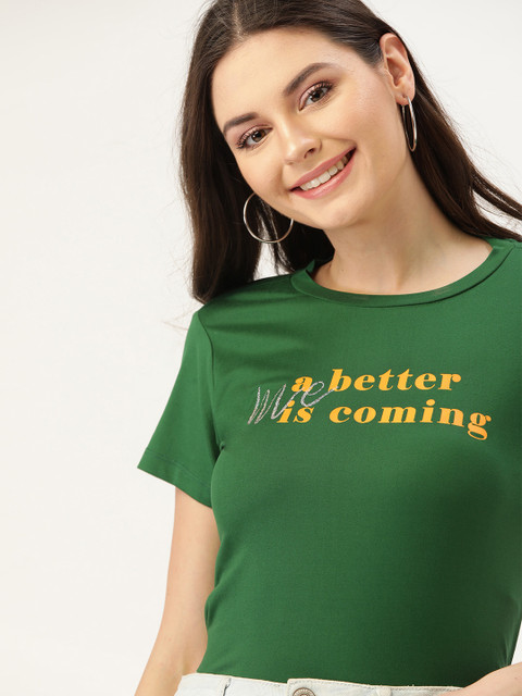 

DressBerry Women Green & Yellow Printed Round Neck T-shirt