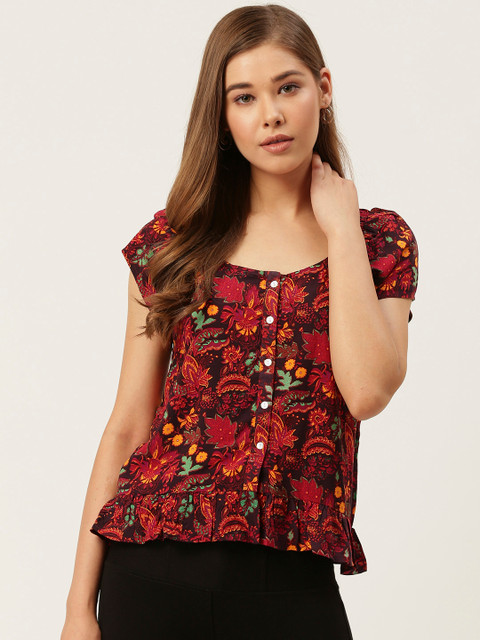 

DressBerry Women Aubergine & Rust Red Ethnic Motifs Print Top, Purple