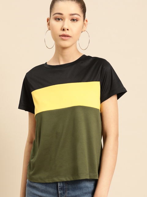 

DressBerry Women Olive Green & Yellow Colourblocked Round Neck T-shirt