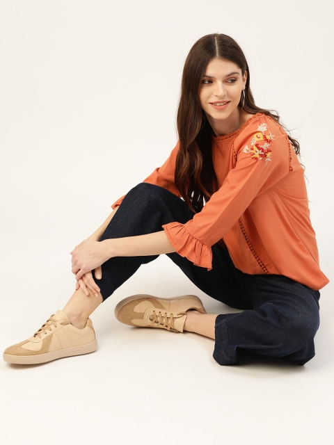 

DressBerry Women Rust Orange Lace Detail Top