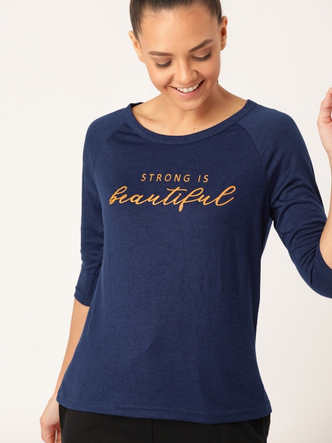 

DressBerry Women Navy Blue & Mustard Yellow Printed Detail Round Neck T-shirt