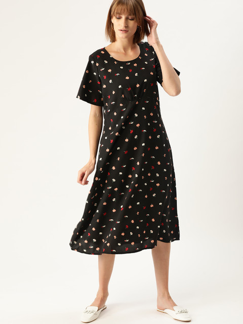 

DressBerry Women Black & Red Floral Print A-Line Dress