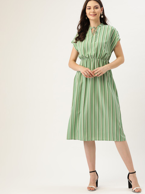 

DressBerry Women Green & Off-White Striped A-Line Dress