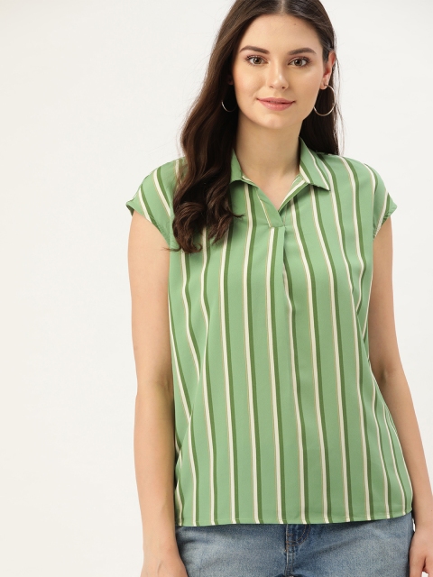 

DressBerry Women Green & Off-White Striped Top