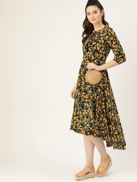 

DressBerry Women Black & Mustard Yellow Floral Print A-Line Dress