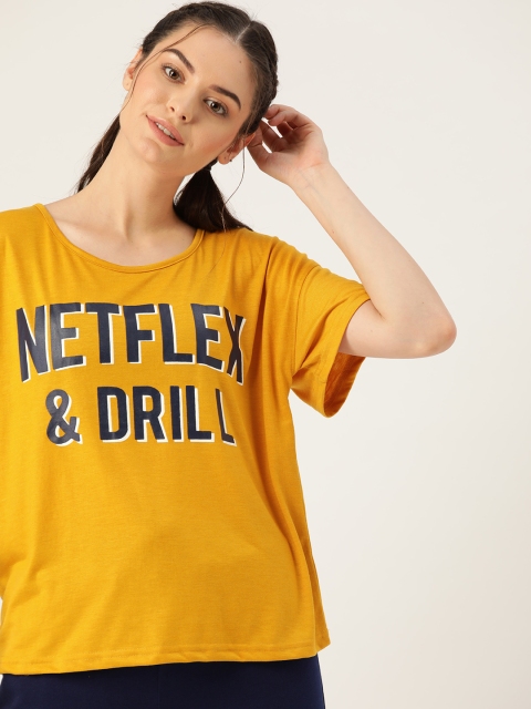 

DressBerry Women Mustard Yellow & Navy Blue Printed Round Neck T-shirt
