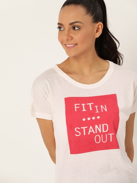 

DressBerry Women White & Pink Printed Round Neck T-shirt