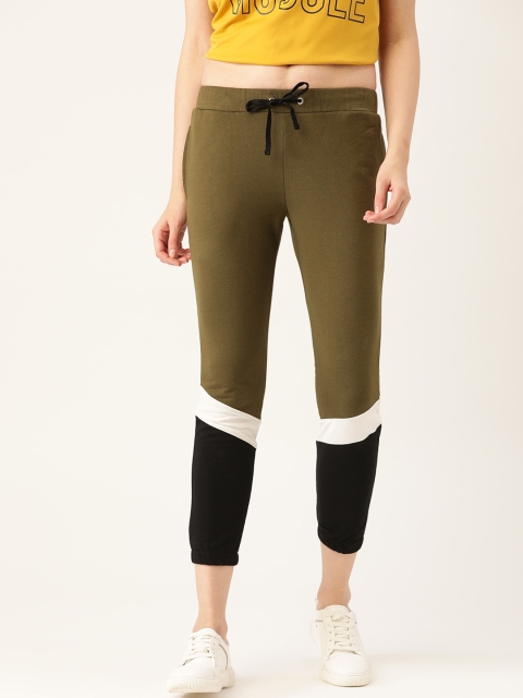 

DressBerry Women Olive Green & Black Colourblocked Cropped Joggers