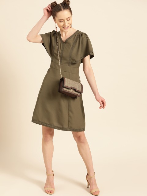 

DressBerry Women Olive Green Solid A-Line Dress