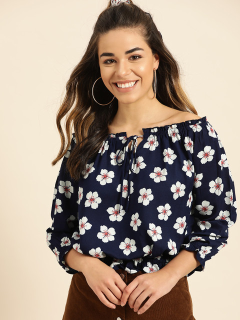 

DressBerry Women Navy Blue & White Floral Printed Bardot Top