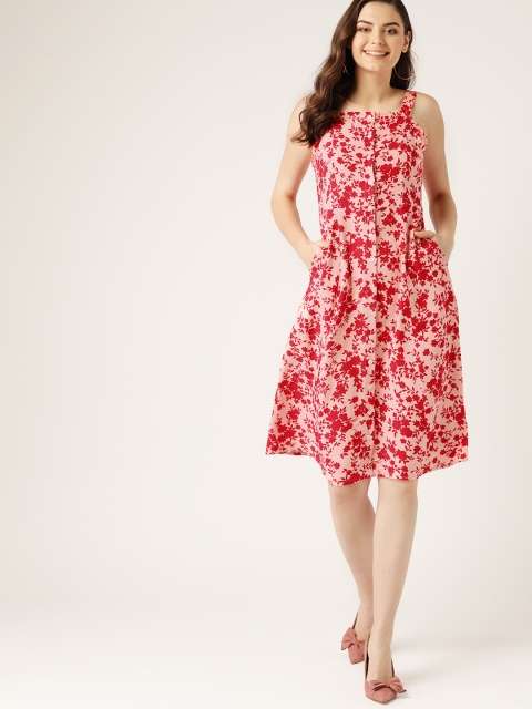 

DressBerry Women Pink & Red Printed A-Line Dress