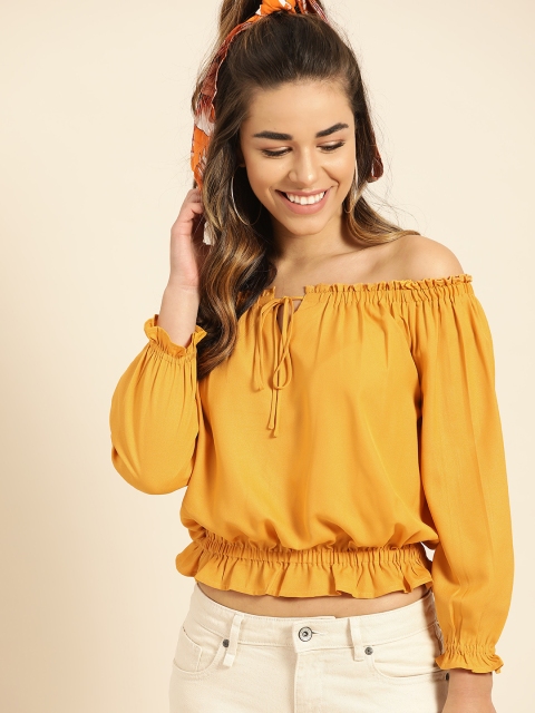 

DressBerry Women Mustard Yellow Solid Blouson Top