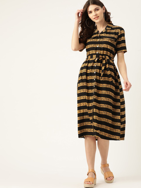 

DressBerry Women Beige and Black Striped Shirt Dress