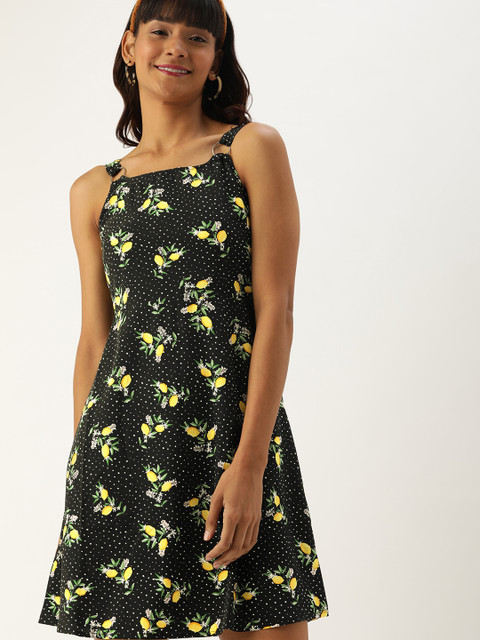 

DressBerry Women Black & Yellow Printed A-Line Dress