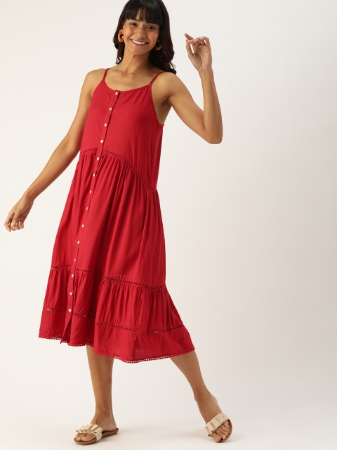 

DressBerry Women Red Solid Tiered A-Line Dress with Gathers